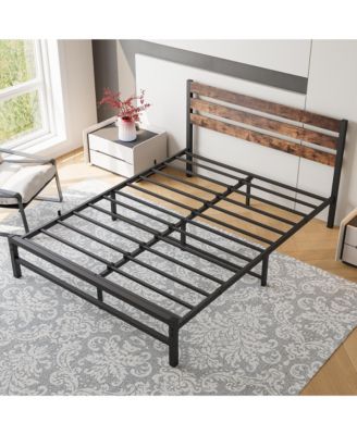 Platform Bed Rustic Wood Headboard Metal Slats Storage