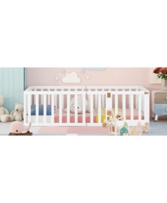 Twin Size Wood Floor Bed Frame with Surrounding Fence Removable Door and Open Row Design