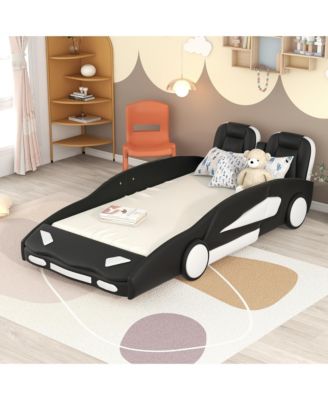 Twin Size Race Car Shaped Platform Bed with Side Rails Support Wheels and Two Seat Design
