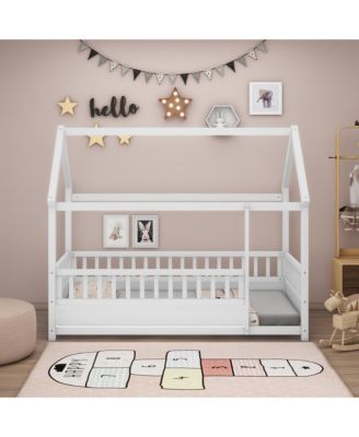 Twin Size Wood Floor Bed House Roof Frame Fence Guardrails  Pine Wood