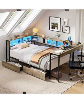 Corner Bed Frame With Bookcase LED Lights Charging Station 2 Storage Drawers
