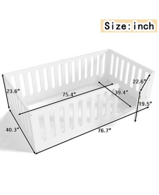 Twin Size Floor Bed, Solid Wood Kids Bed Frame with High Fence and Door, Modern Low-Profile Design for Boys Girls, No Box Spring Required