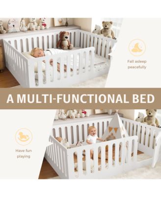 Solid Wood Floor Bed, Sturdy Kids Bed Frame with Full Guardrails and Door, Low-Profile Design for Boys Girls, No Box Spring Needed