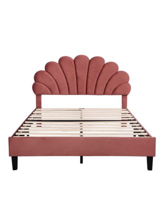 Upholstered Platform Bed Flower Pattern Velvet Headboard Bean Paste Red No Box Spring Needed