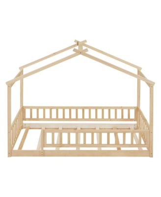Twin Size Wood House Bed Roof Fence Pine Wood Frame 7 Slats Kids Bedroom