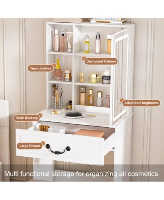 Modern Makeup Vanity Set with Padded Stool - Mini Dressing Table with LED-lit Mirror, Hidden Storage for Bedroom