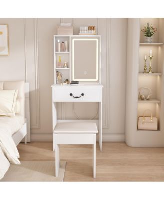 Modern Makeup Vanity Set with Padded Stool - Mini Dressing Table with LED-lit Mirror, Hidden Storage for Bedroom