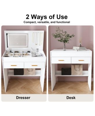 Flip Top Vanity Desk, Makeup Vanity Table with  LED Lighted Mirror, Built-in Outlet, 2 Drawers, Open Storage and Hooks for Jewelry