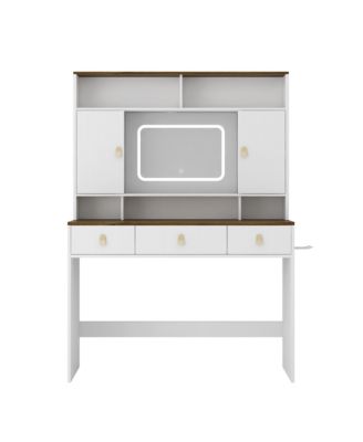 Farmhouse Makeup Vanity Desk - 43" Wide Dressing Table with Lighted Mirror, Power Outlet, Open Shelves, Side Cabinet and Drawers for Bedroom