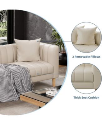 Modern 78" Faux Leather 3-Seater Sofa Couch, Deep Seat with 2 Pillows, Wood Legs, Easy Assembly