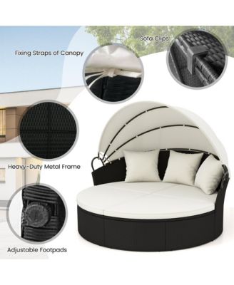 Patio Round Daybed Wicker Daybed w/ Retractable Canopy Separated Seating Sectional Sofa