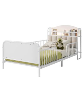 Metal Platform Bed With LED Light Velvet Upholstered Headboard Storage