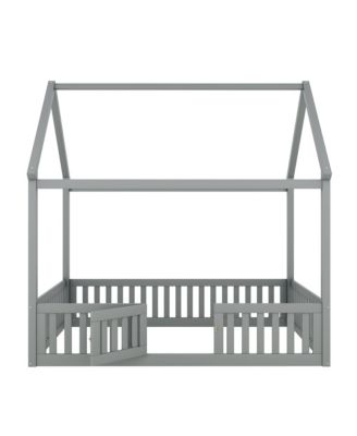 Wood House Bed With Fence Door Gray Distressed Washed Pine Wood MDF