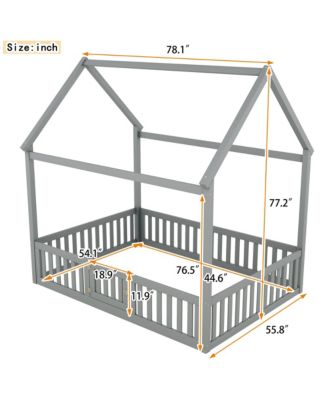 Wood House Bed With Fence Door Gray Distressed Washed Pine Wood MDF