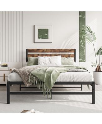 Platform Bed Rustic Wood Headboard Metal Slats Storage