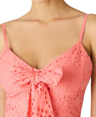 Juniors' Bow Front Eyelet Midi Sweetheart Neck Dress