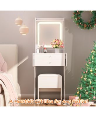 Vanity Set - White Makeup Vanity Table with Stool, Compartmentalized Drawers and Foldable Side Tables, Dressing Table for Bedrooms