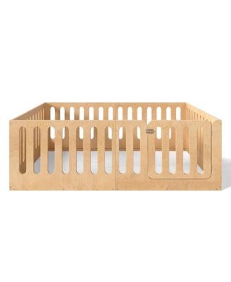 Kids Floor Bed, Solid Wood Frame with High Fence and Door, Low-Profile Montessori Bed for Boys Girls, No Box Spring Needed