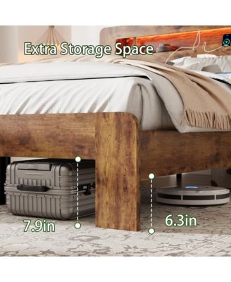 Queen Size Wood Platform Bed Frame with LED Storage Headboard, 2 USB Charging Ports and Large Under-Bed Storage for Bedroom