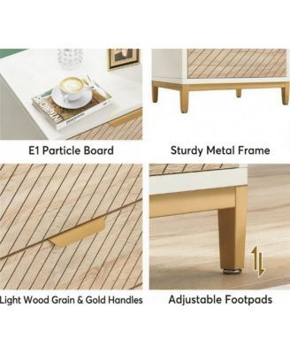 3-Drawer Bedside Table, Wooden Nightstand with Gold Metal Frame and Adjustable Invisible Foot Pads for Bedroom