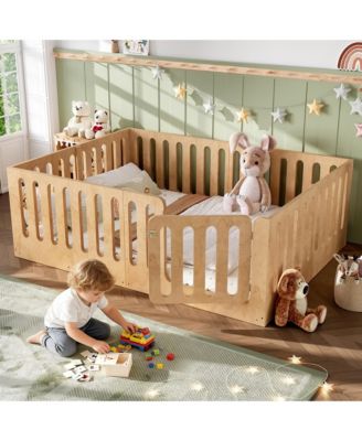 Queen Size Kids Floor Bed, Solid Wood Bed Frame with High Side Fence and Door, Children's Sleep Bed for Boys Girls, No Box Spring Required
