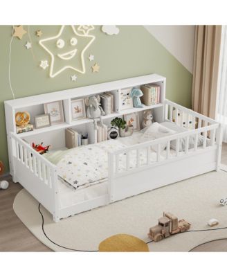 Twin Size Montessori Floor Bed - Low Profile Wooden Bed Frame with Bookcase and Guardrails for Girls, Boys
