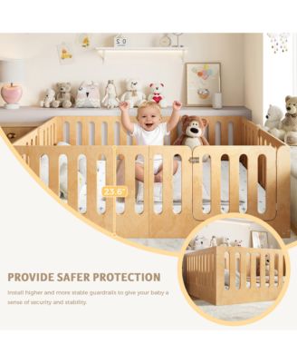 Queen Size Kids Floor Bed, Solid Wood Bed Frame with High Side Fence and Door, Children's Sleep Bed for Boys Girls, No Box Spring Required