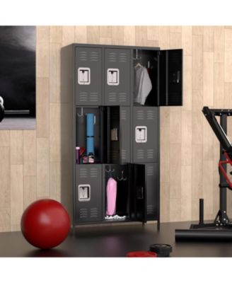 72" Metal Storage Cabinet with 9 Doors, Office Locker with 27 Hooks & 9 Shelves, Steel Employee Storage Locker