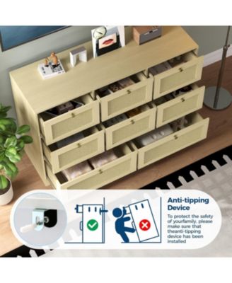 Rattan Dresser with 6 Drawers, Modern Boho Wooden Dresser for Bedroom Storage, Wicker Chest of Drawers with Metal Handles and Solid Wood Legs