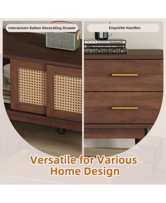Mid Century TV Stand 70'' Media Console Cabinet Rattan Sliding Doors