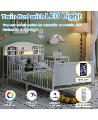 Twin Metal Platform Bed Frame with Light - Low Profile Bed with Upholstered and Storage Headboard for Boys and Girls