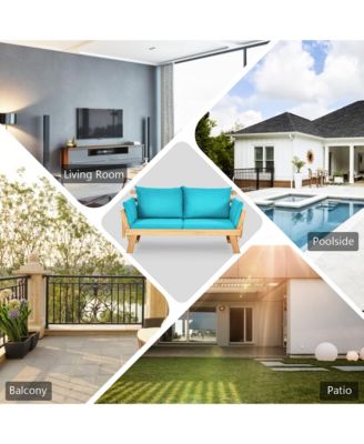 Adjustable Patio Sofa Daybed Acacia Wood Furniture w/ Cushions