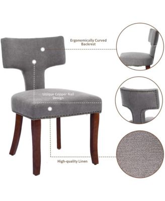 Modern Wooden Dining Chairs Set of 2 - Linen Upholstered Kitchen Chairs with Curved Backrest, Copper Nails for Dining Room