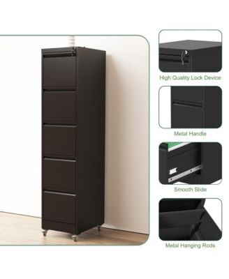 5 drawer metal locking file cabinet with wheels for home office, heavy duty storage for letter, legal, and A4 files.