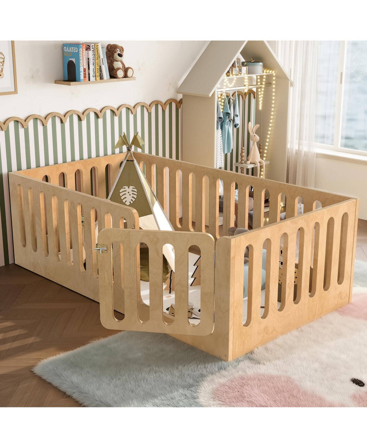 Rainsken Twin Size Solid Wood Kids Floor Bed Frame, High Safety Fence with Door, Low-Profile Montessori Bed for Boys and Girls, No Box Spring Needed