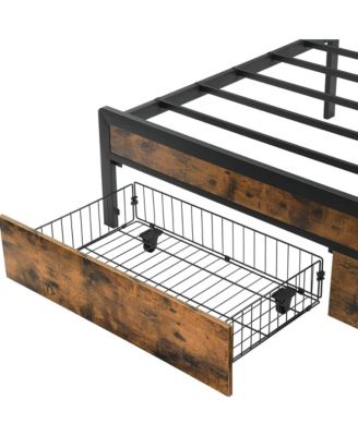 Queen Size Heavy Duty Metal Platform Bed Frame with 2 Storage Drawers, Charging Station and LED Light Upholstered Headboard for Bedroom