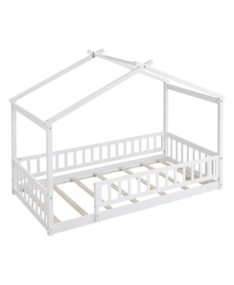 Twin Size Wood House Bed Roof Fence Pine Wood Frame 7 Slats Kids Bedroom
