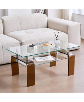 Rectangle 2-Tier Glass Coffee Table, Modern Small Center Table with Storage and Metal Legs for Living Room, Home Office