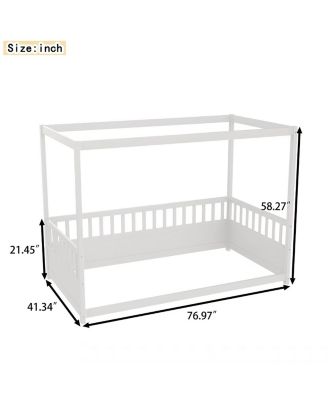 Twin Size Wooden Canopy Floor Bed With Guardrails Four Poster Design For Kids