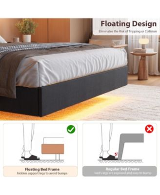 Floating Bed Frame with LED Lights & USB Charging, Upholstered Platform, Wood Slats, Noise Free
