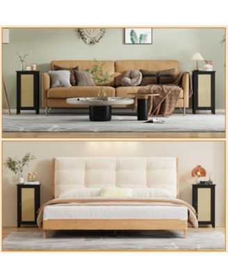 Farmhouse Nightstand with Rattan Door, Accent End Table with Storage - Compact Modern Bedside Table with Wood Legs, Easy Assembly