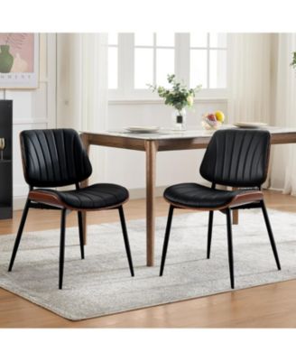 Dining Chairs Set of 2,Mid-Century Modern Upholstered Retro PU Leather Kitchen Chairs with Walnut Bentwood Back and Metal Legs Adjustable