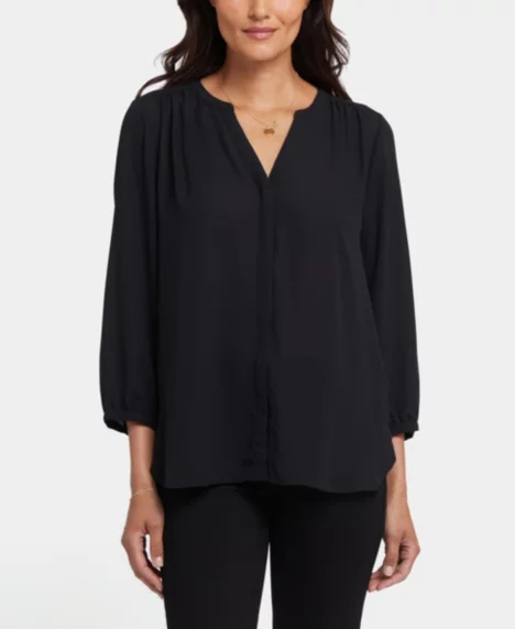 Petite Pintuck Split neck Top - Black