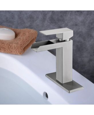 Brushed Nickel Waterfall Bathroom Faucet, Single Handle, 1/3 Hole with Deck Plate and Overflow Pop-Up Drain