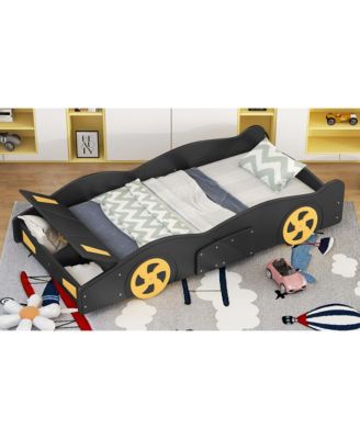 Twin Size Race Car Bed With Wheels Storage Pine Wood MDF No Box Spring