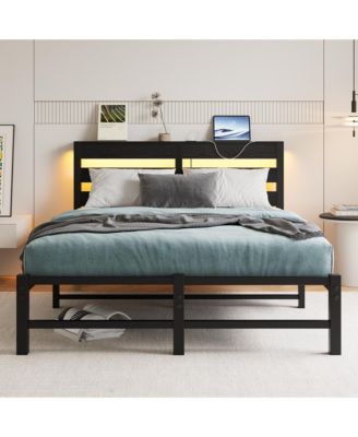 Full Size Metal Bed Wooden Headboard RGB Lights Charger Storage