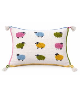 Whimsical Sheep Embroidered Lumbar Decorative Pillow, 14" x 20"