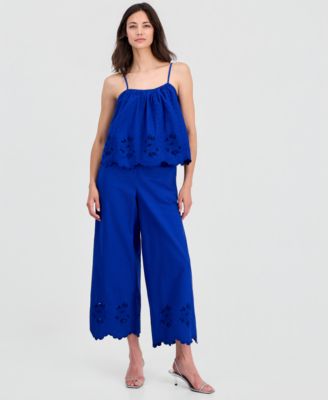 Women's Linen-Blend Cutwork-Hem Pull-On Pants