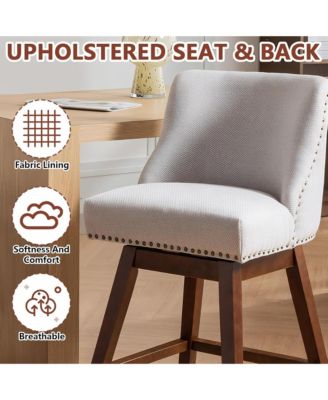 Swivel Bar Stools Set of 2, Modern Upholstered Counter Height Chairs with Wooden Legs and Nailhead Trim for Kitchen Island
