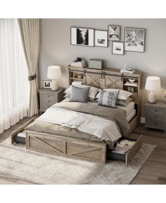 Farmhouse Bed Frame With LED Lights Charging Station 2 Storage Drawers